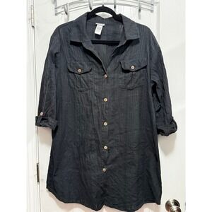 Dotti Black Cotton Textured Stripe Roll Tab Sleeve Button Down Tunic Large dress